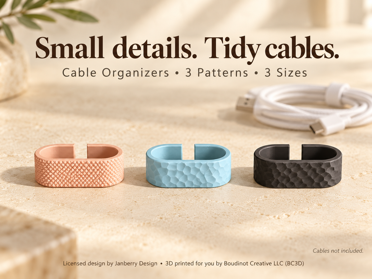 Cable Organizer Set, 3 Printed Clips for Cord Storage | Single or Mixed Sizes