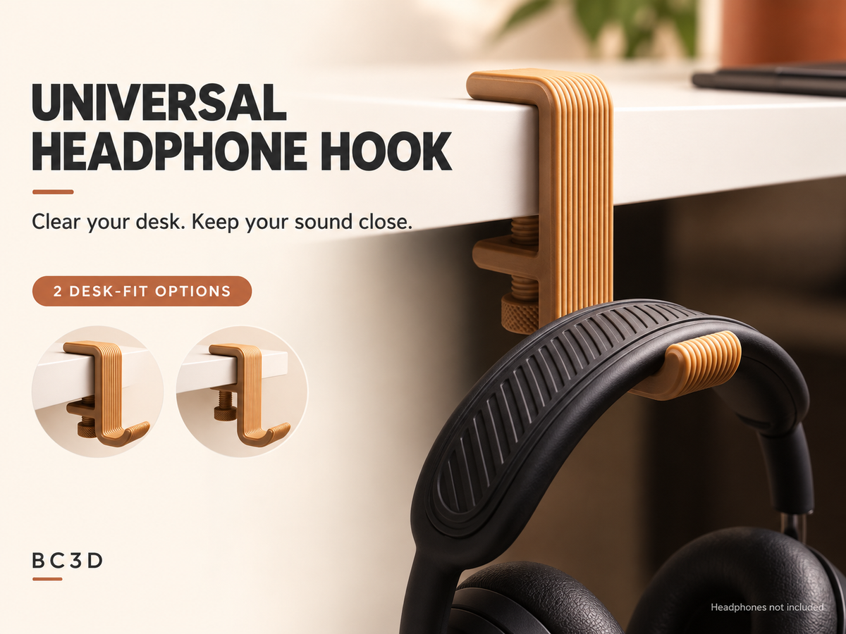 Clamp-On Headphone Hook for Desks | 3D Printed Headset Holder - Single or 2 Pack