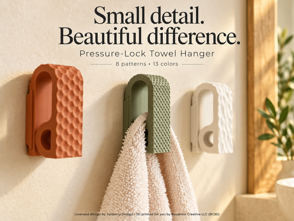 Pressure Lock Towel Hanger, 8 Patterns - Adhesive or Screw Mount | 2 or 4 Pack