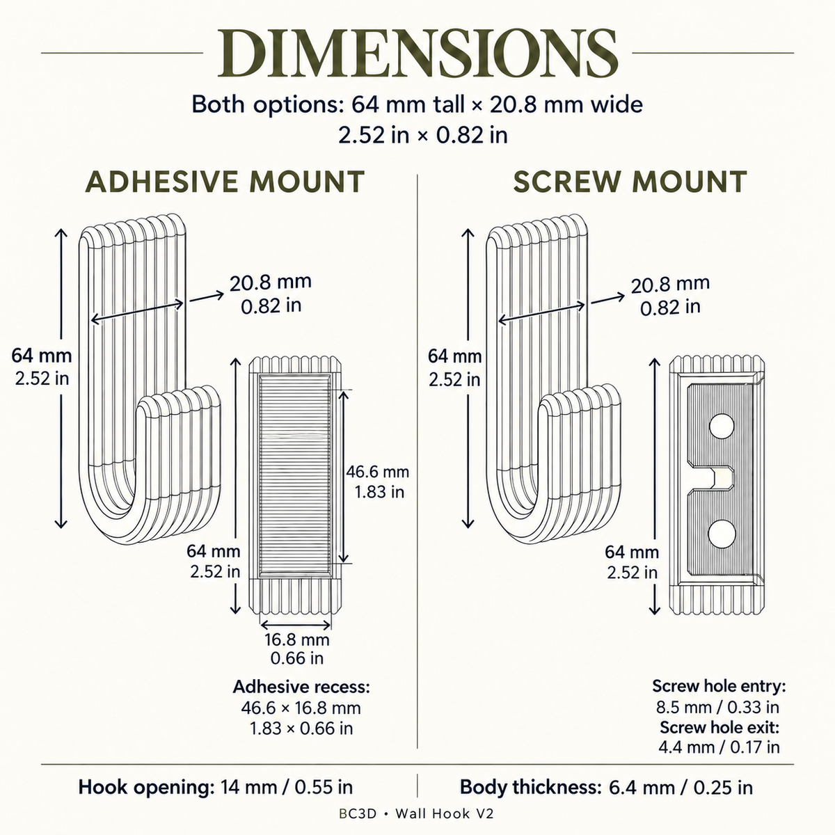 Modern Wall Hook V2, Ribbed Coat & Towel Hanger, Single or Multipack