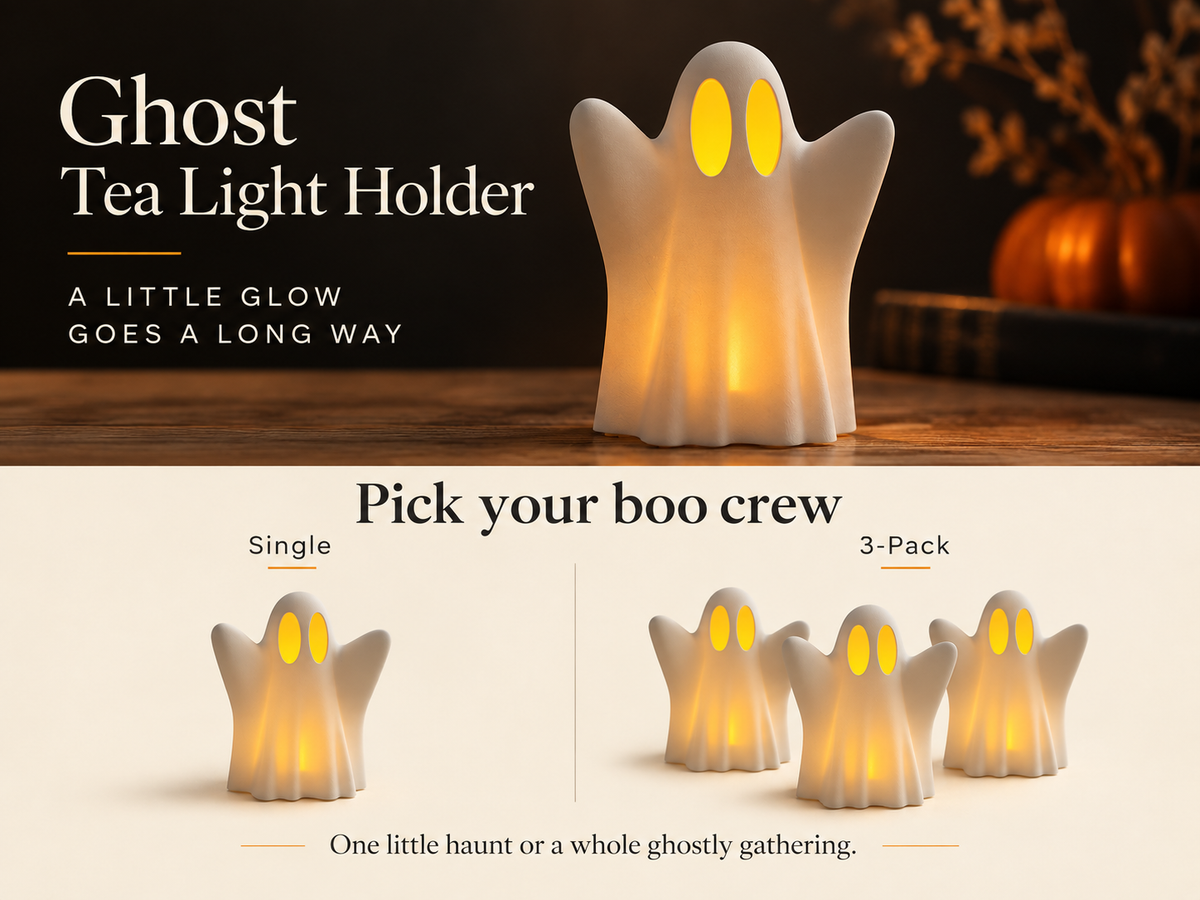 Boo & Glow Ghost Tea Light Holder – Halloween Decor, Optional LED Tea Lights