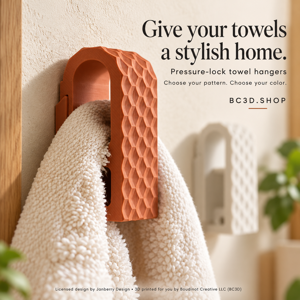Pressure Lock Towel Hanger, 8 Patterns - Adhesive or Screw Mount | 2 or 4 Pack