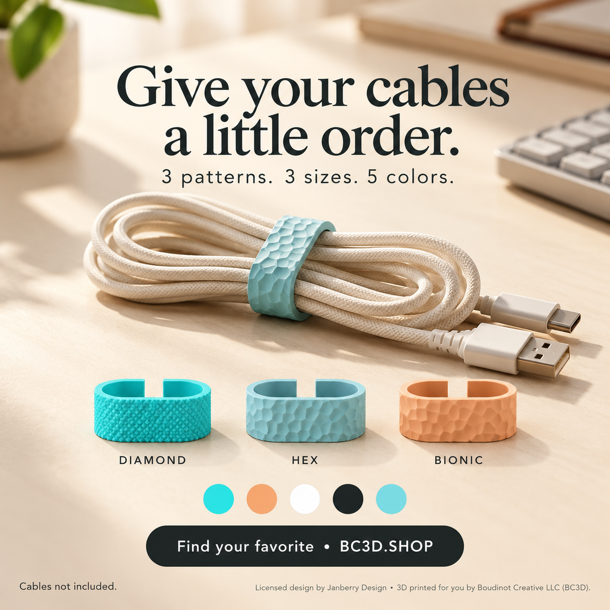 Cable Organizer Set, 3 Printed Clips for Cord Storage | Single or Mixed Sizes