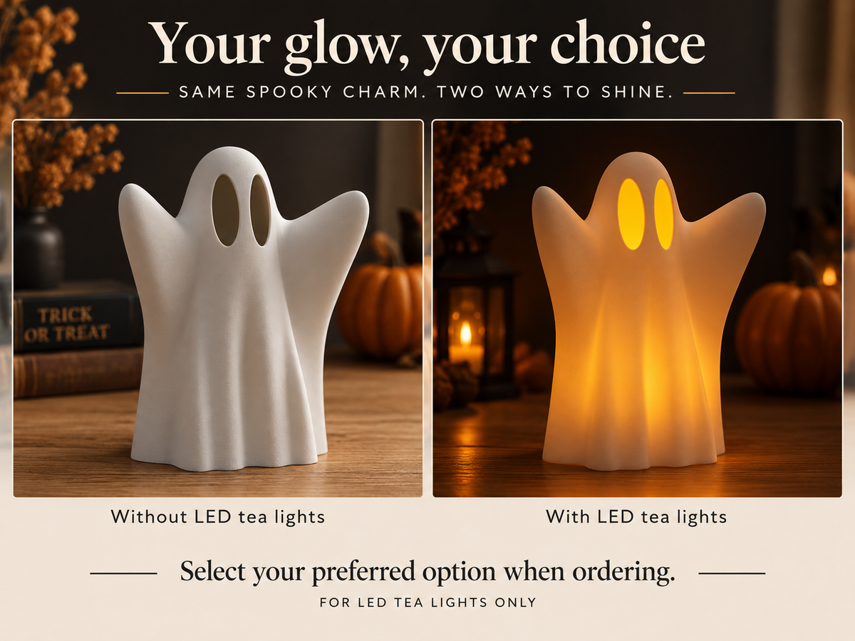 Boo & Glow Ghost Tea Light Holder – Halloween Decor, Optional LED Tea Lights