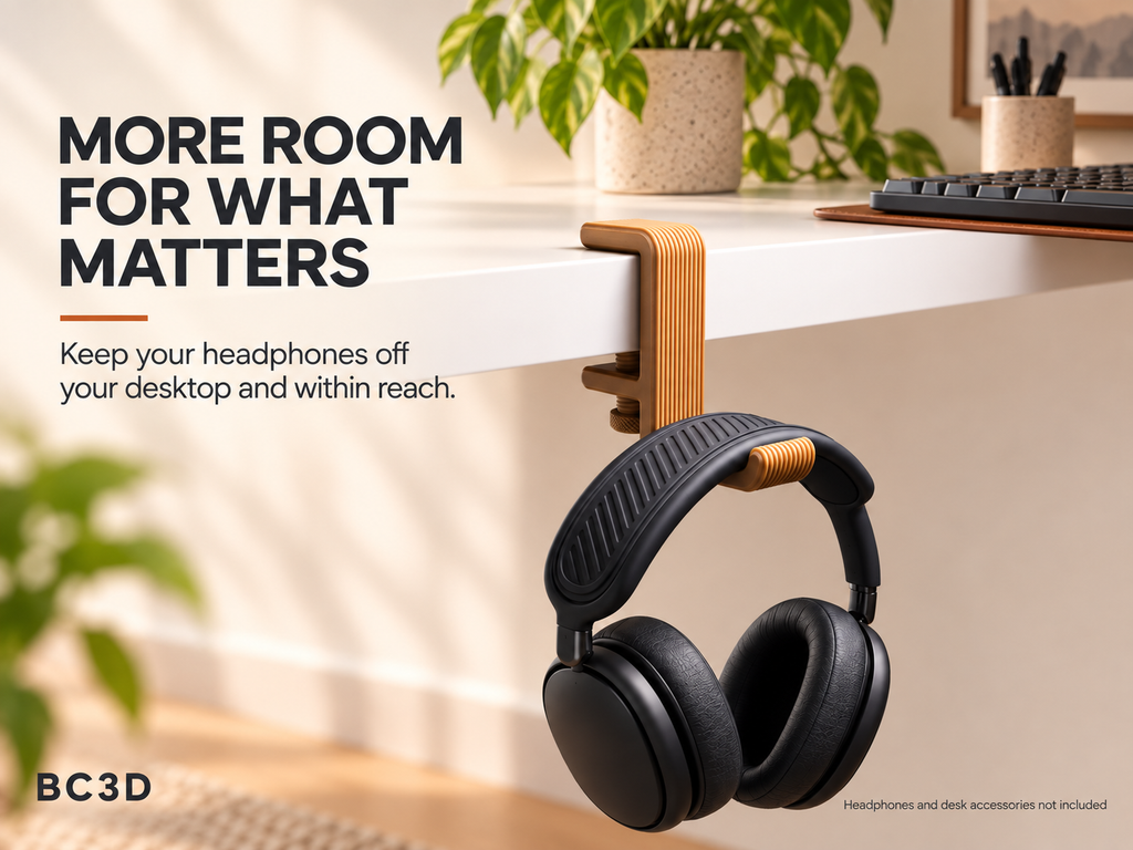 Clamp-On Headphone Hook for Desks | 3D Printed Headset Holder - Single or 2 Pack