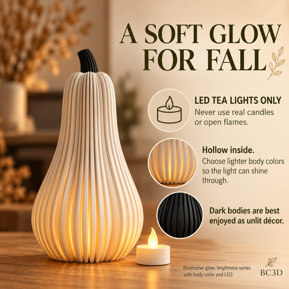Tall Ribbed Pumpkin Decor, Modern Halloween & Fall Decoration | LED Tea Light Compatible.