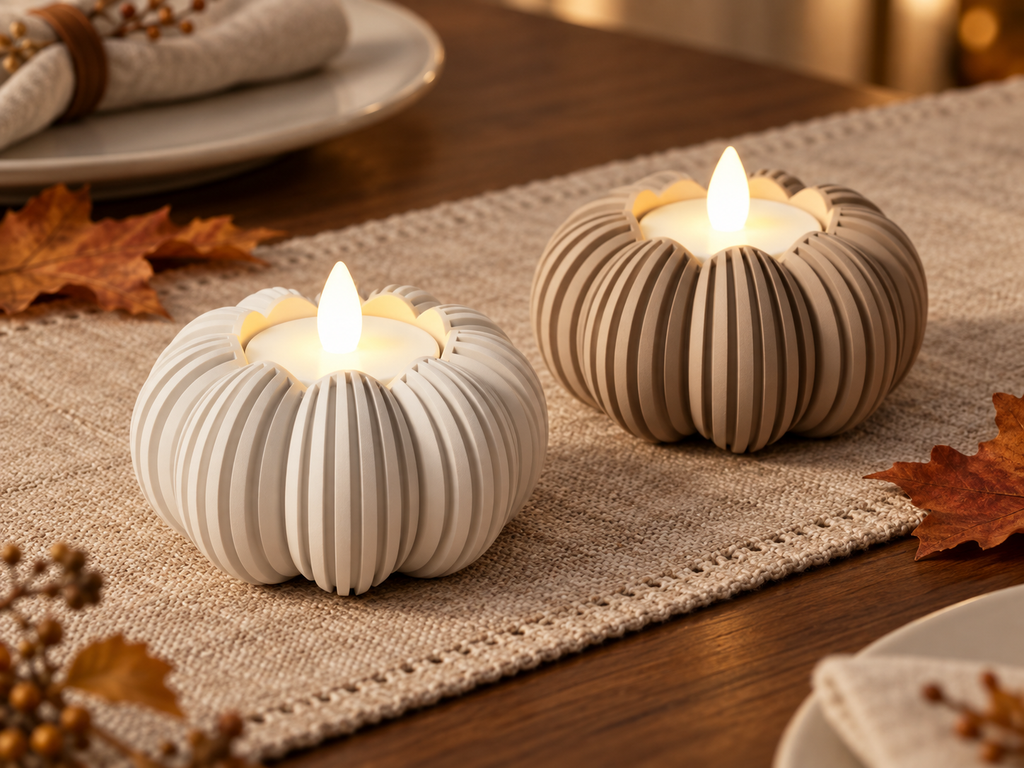 Ribbed Pumpkin Tea Light Holder for LED Lights, Modern Fall Decor