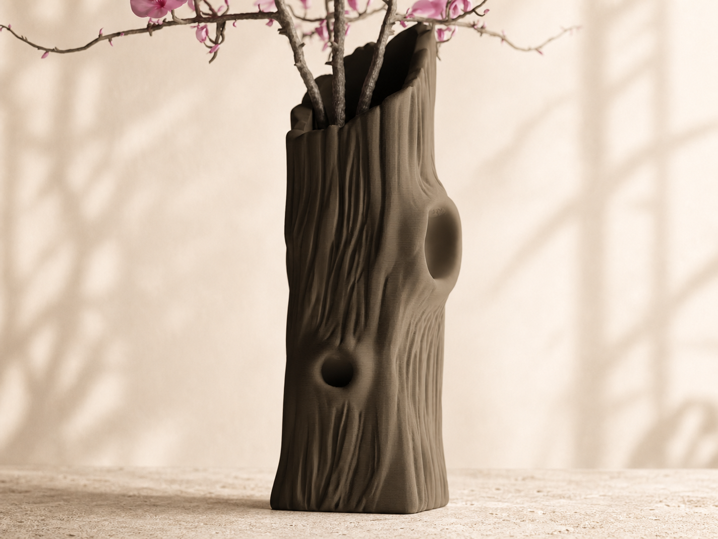Vase Trunklin – Dark Brown 3D Printed Sculptural Tree Trunk Vase, 7 Sizes