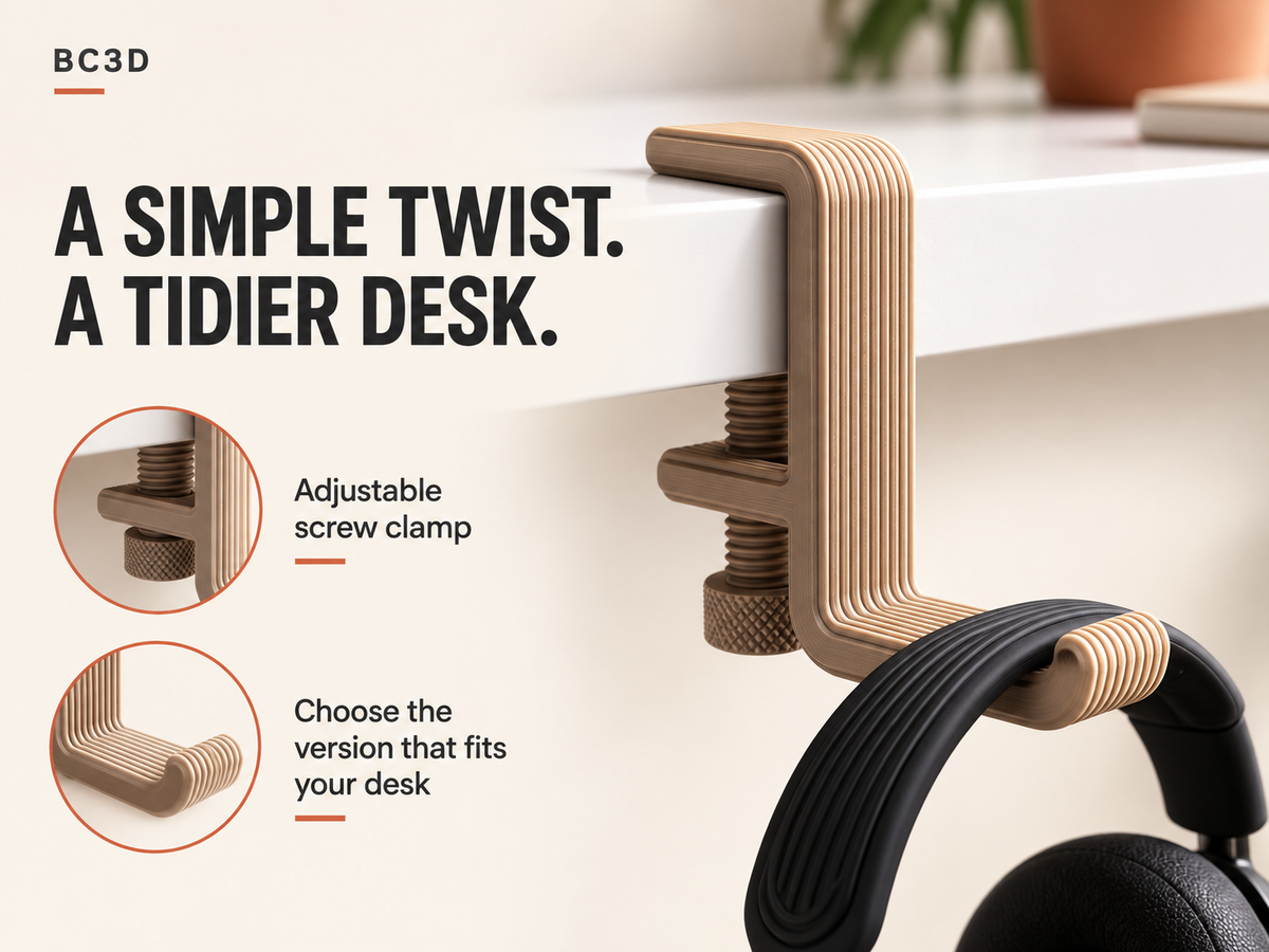 Clamp-On Headphone Hook for Desks | 3D Printed Headset Holder - Single or 2 Pack