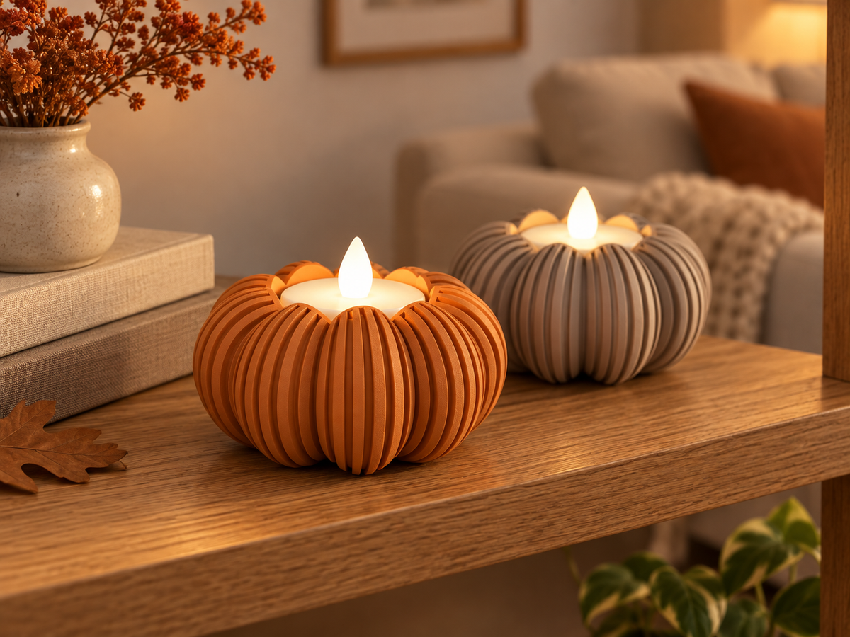Ribbed Pumpkin Tea Light Holder for LED Lights, Modern Fall Decor
