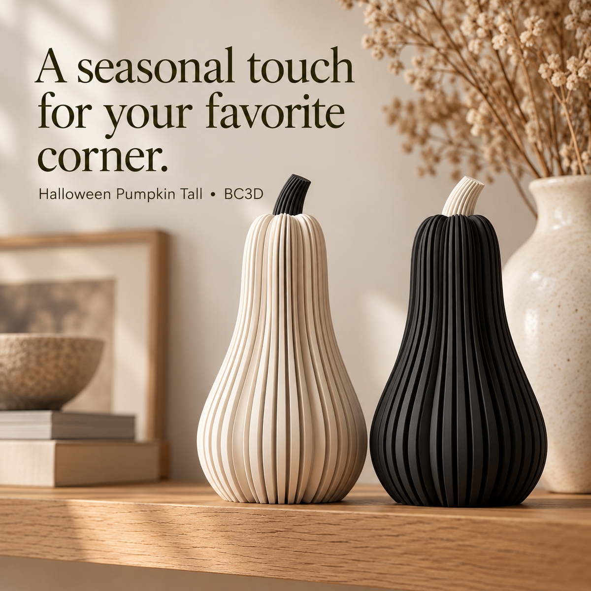 Tall Ribbed Pumpkin Decor, Modern Halloween & Fall Decoration | LED Tea Light Compatible.
