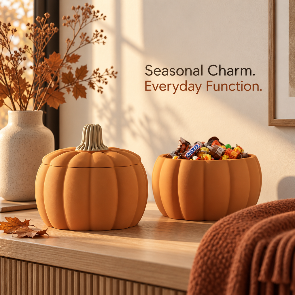 Kurbia Ribbed Pumpkin Candy Bowl with Lid, Made-to-Order Halloween Décor