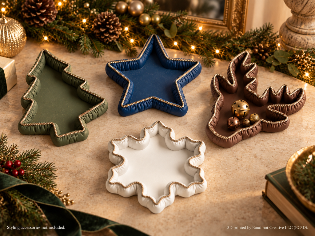 Vintia Christmas Decorative Trays with Gold Rope Trim | Tree Reindeer Snowflake & Star | Individual or Set of 4