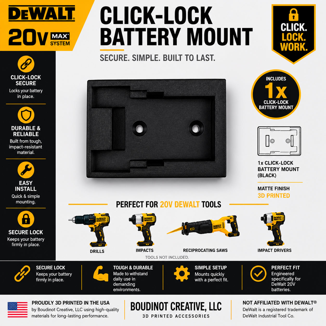DeWalt 20V Tool and Battery Mounts - Click Lock