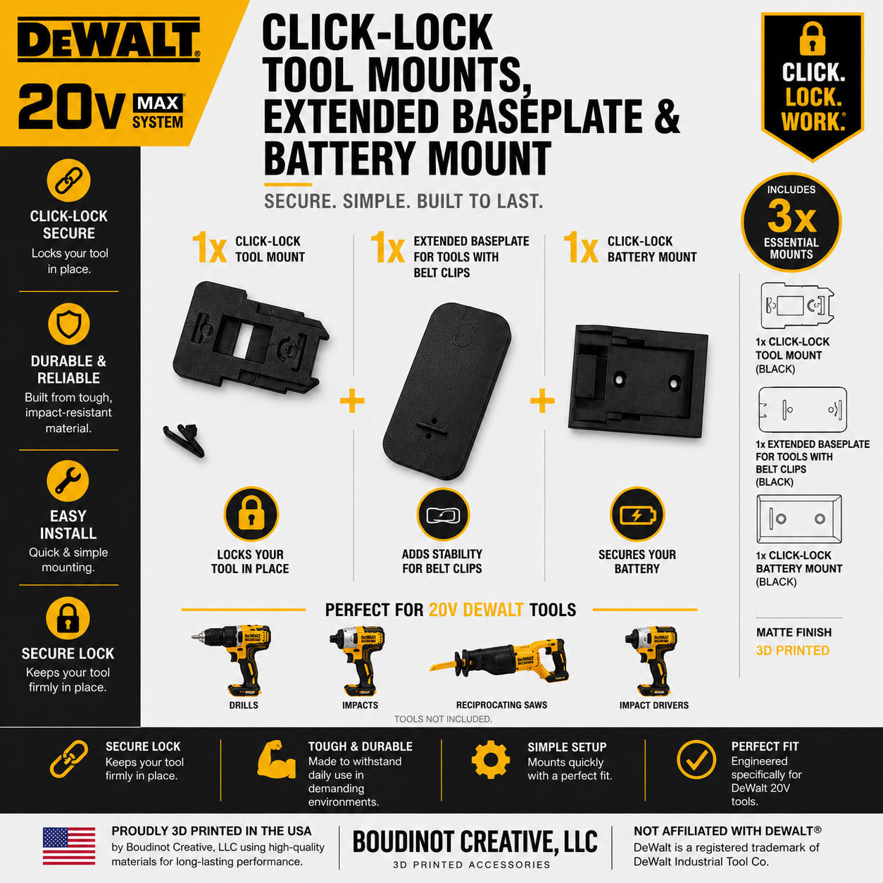 DeWalt 20V Tool and Battery Mounts - Click Lock