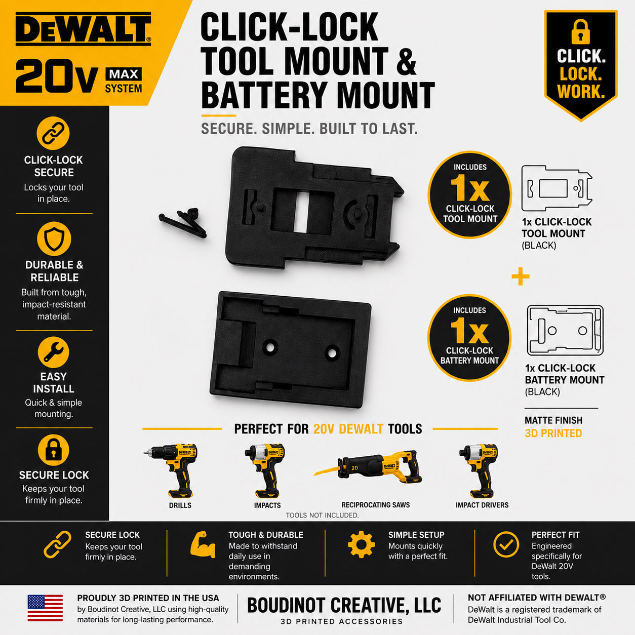 DeWalt 20V Tool and Battery Mounts - Click Lock