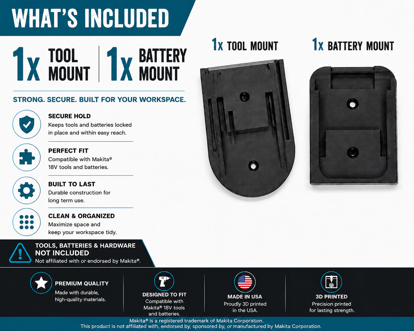 Makita 18V Tool & Battery Mounts | 3D Printed
