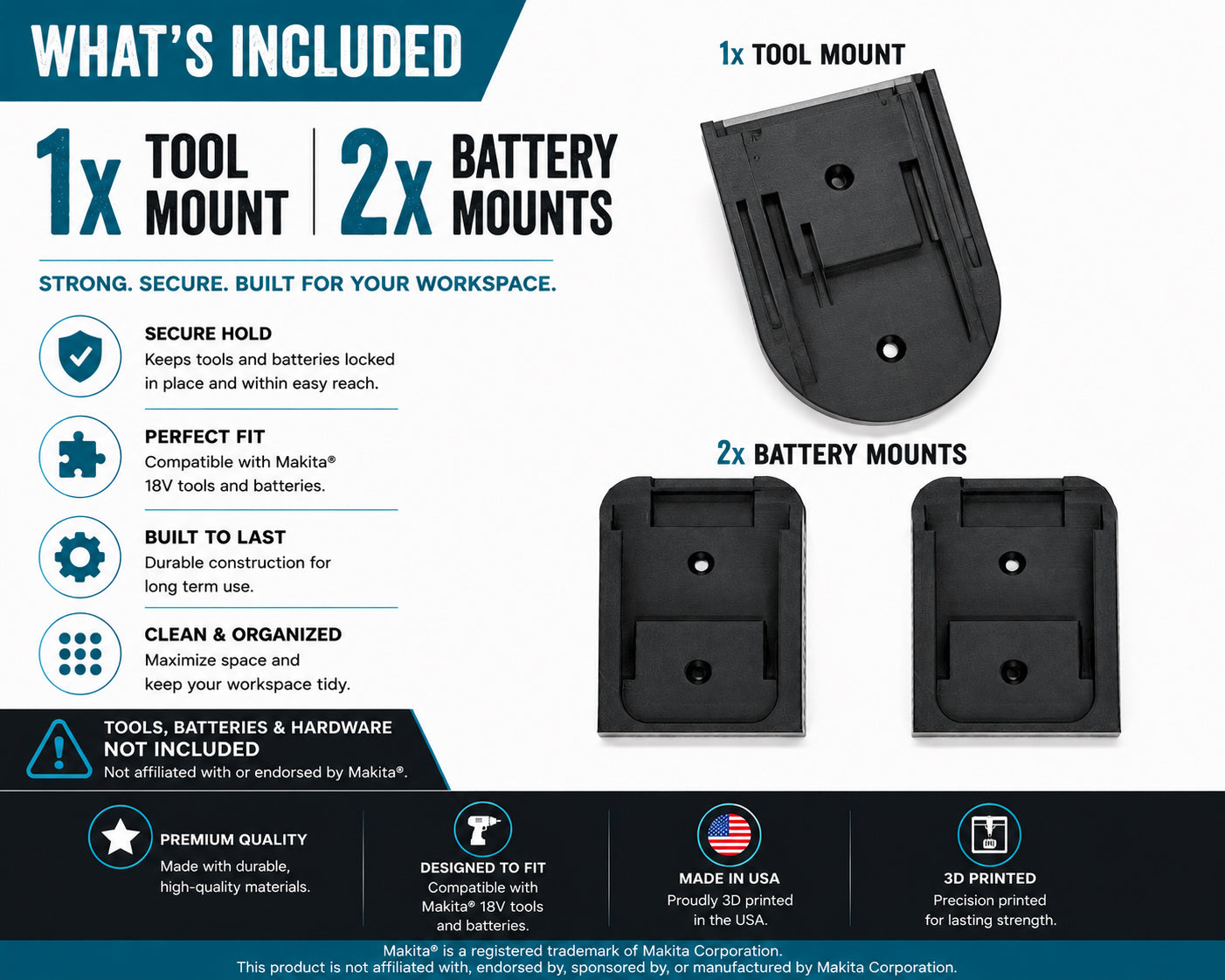 Makita 18V Tool & Battery Mounts | 3D Printed