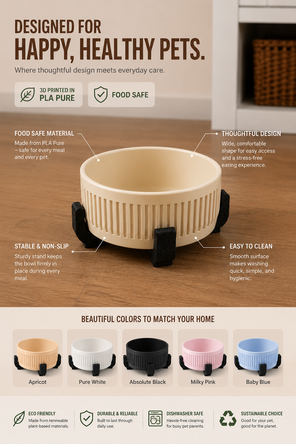 Modern Pet Bowl with Stand | Food-Safe PLA Pure Dog & Cat Bowl
