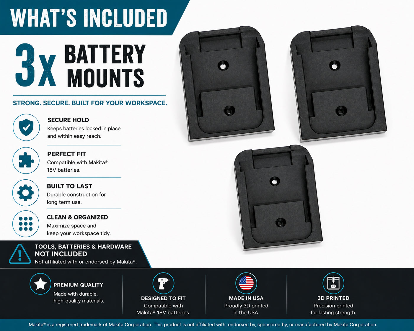Makita 18V Tool & Battery Mounts | 3D Printed