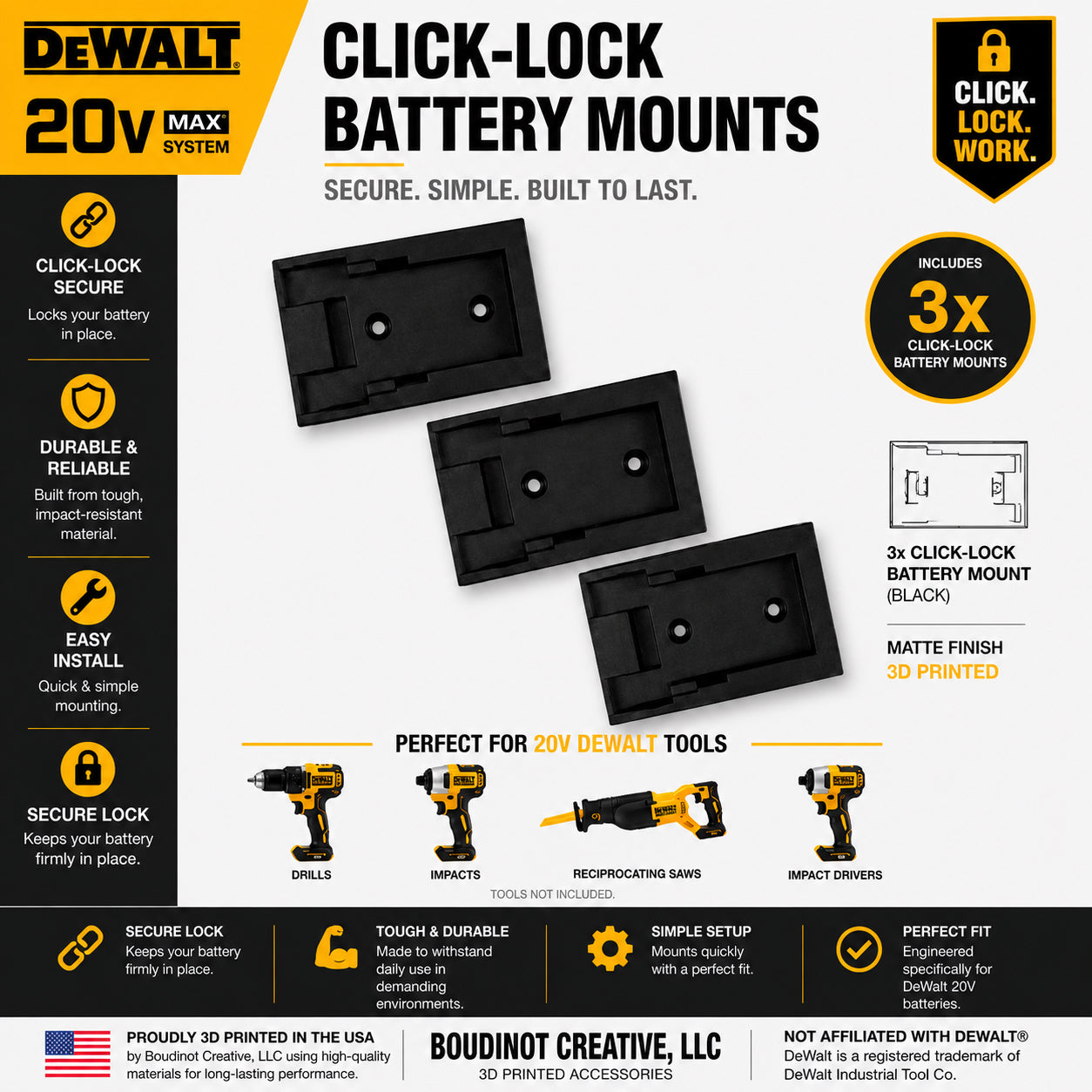 DeWalt 20V Tool and Battery Mounts - Click Lock