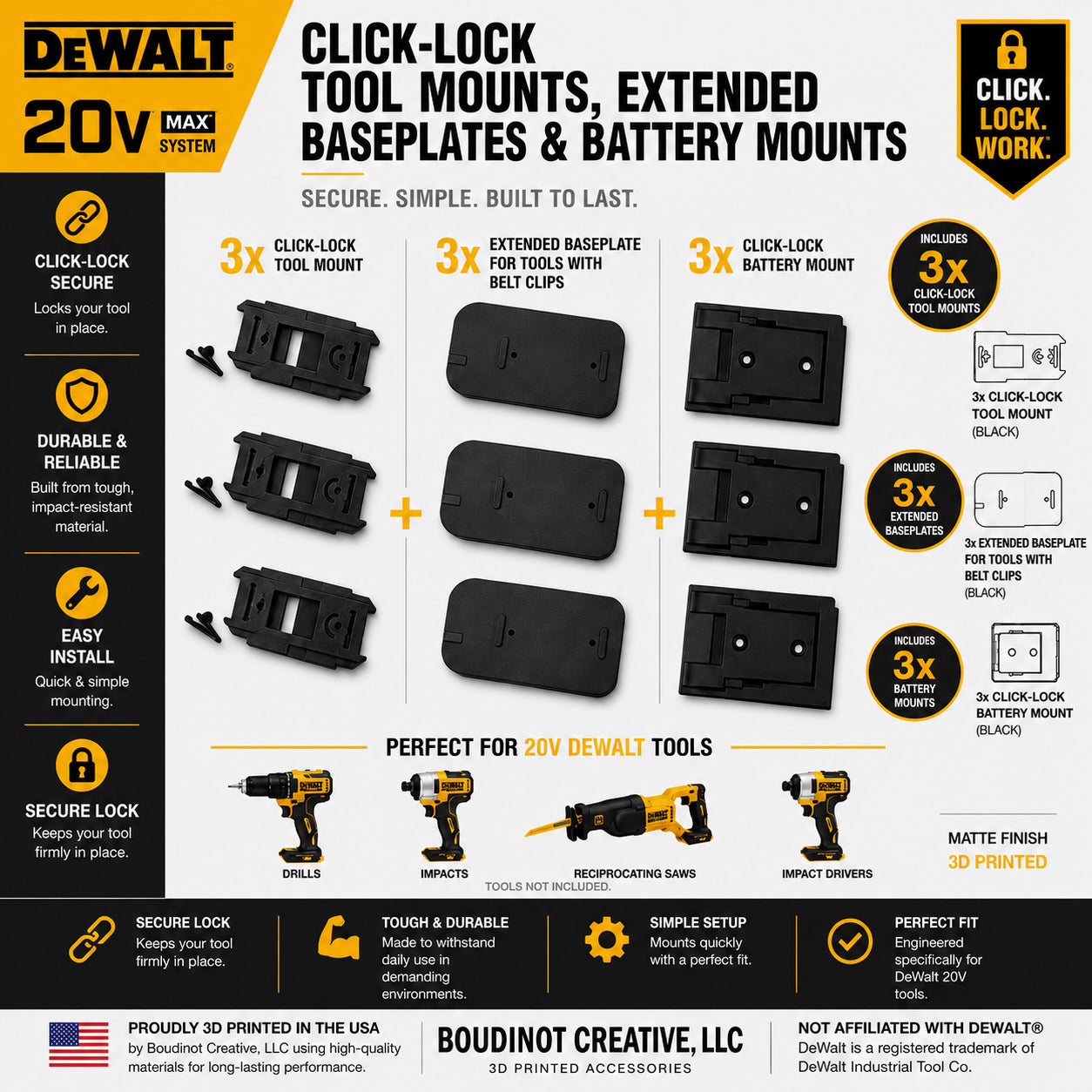 DeWalt 20V Tool and Battery Mounts - Click Lock