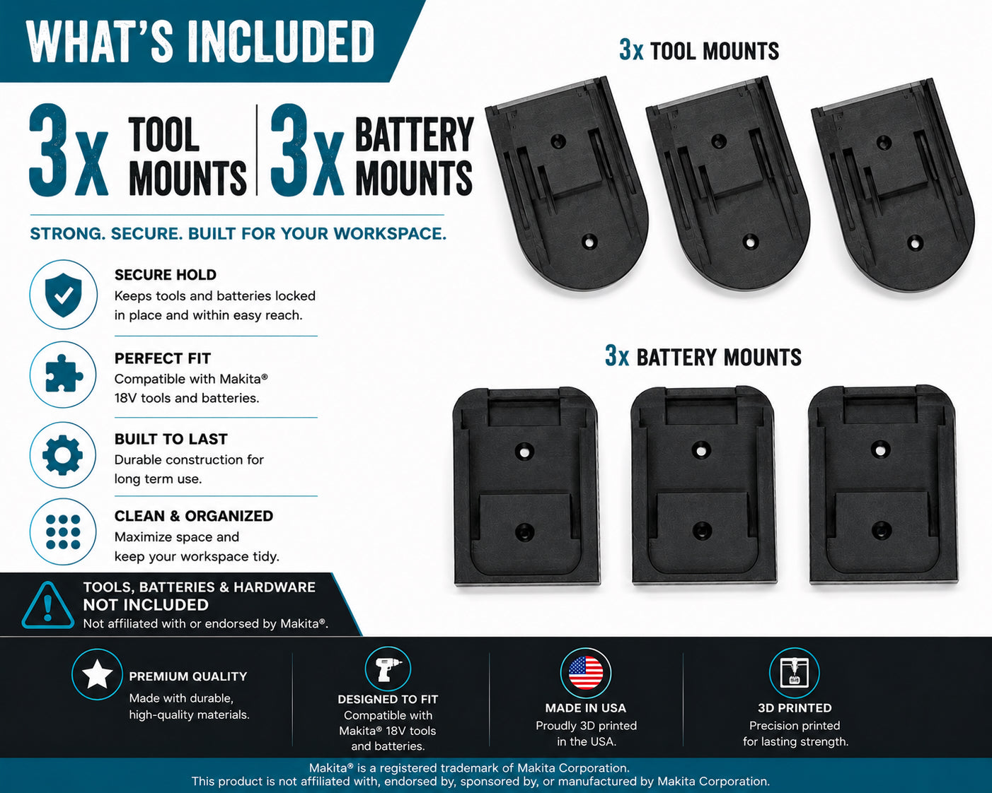 Makita 18V Tool & Battery Mounts | 3D Printed