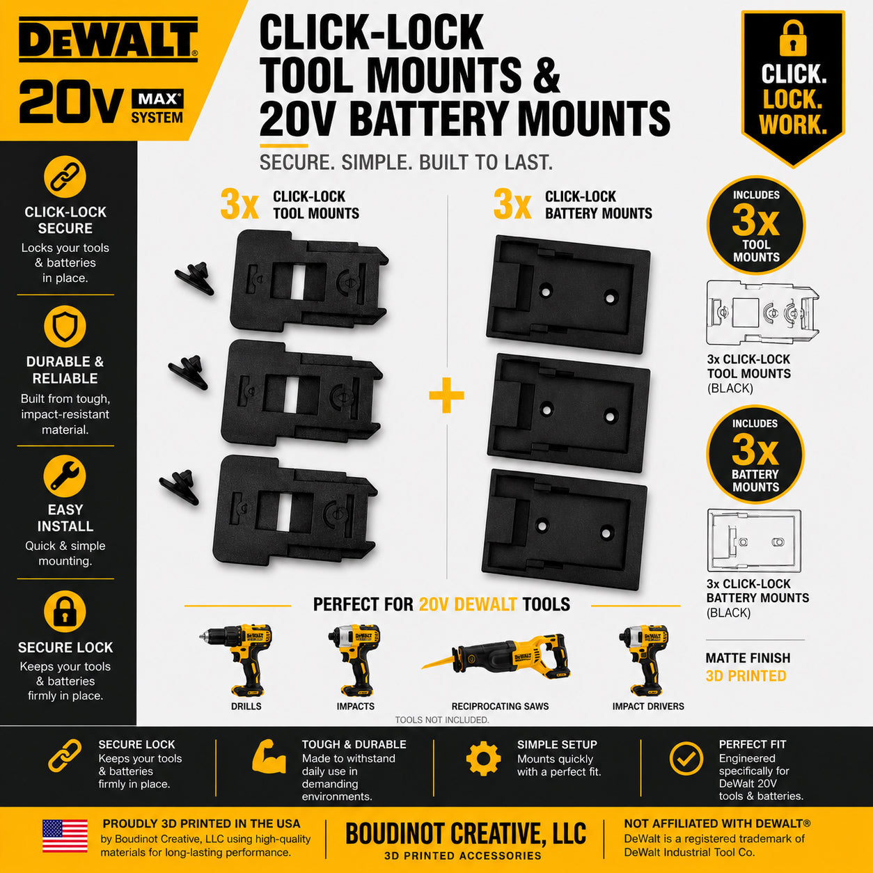DeWalt 20V Tool and Battery Mounts - Click Lock