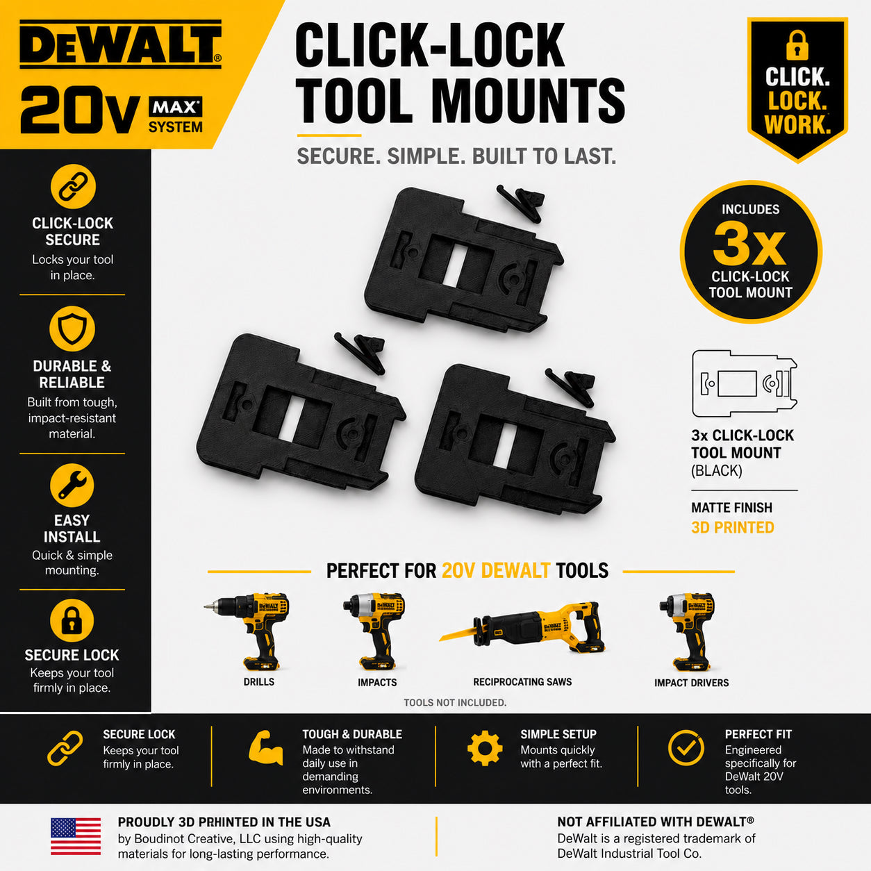 DeWalt 20V Tool and Battery Mounts - Click Lock