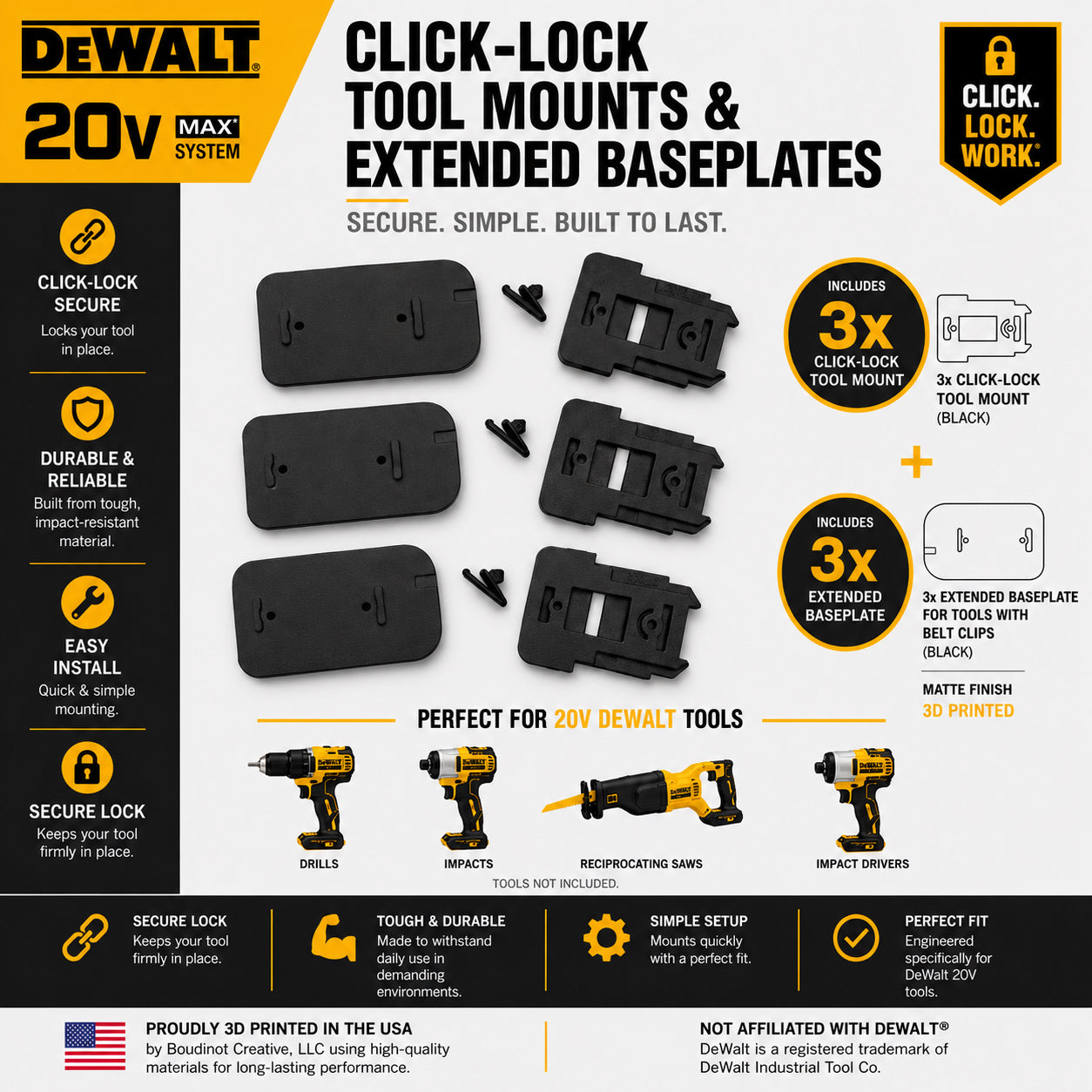 DeWalt 20V Tool and Battery Mounts - Click Lock