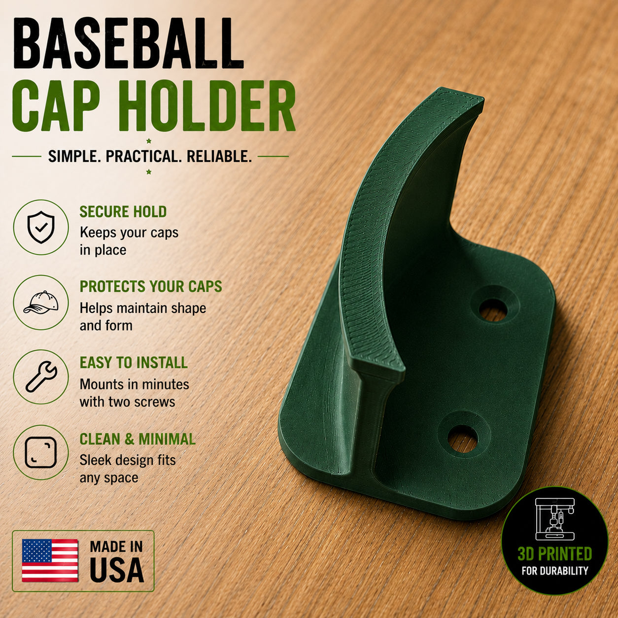 Baseball Cap Wall Mount – Minimalist Hat Organizer | 3D Printed Cap Holder