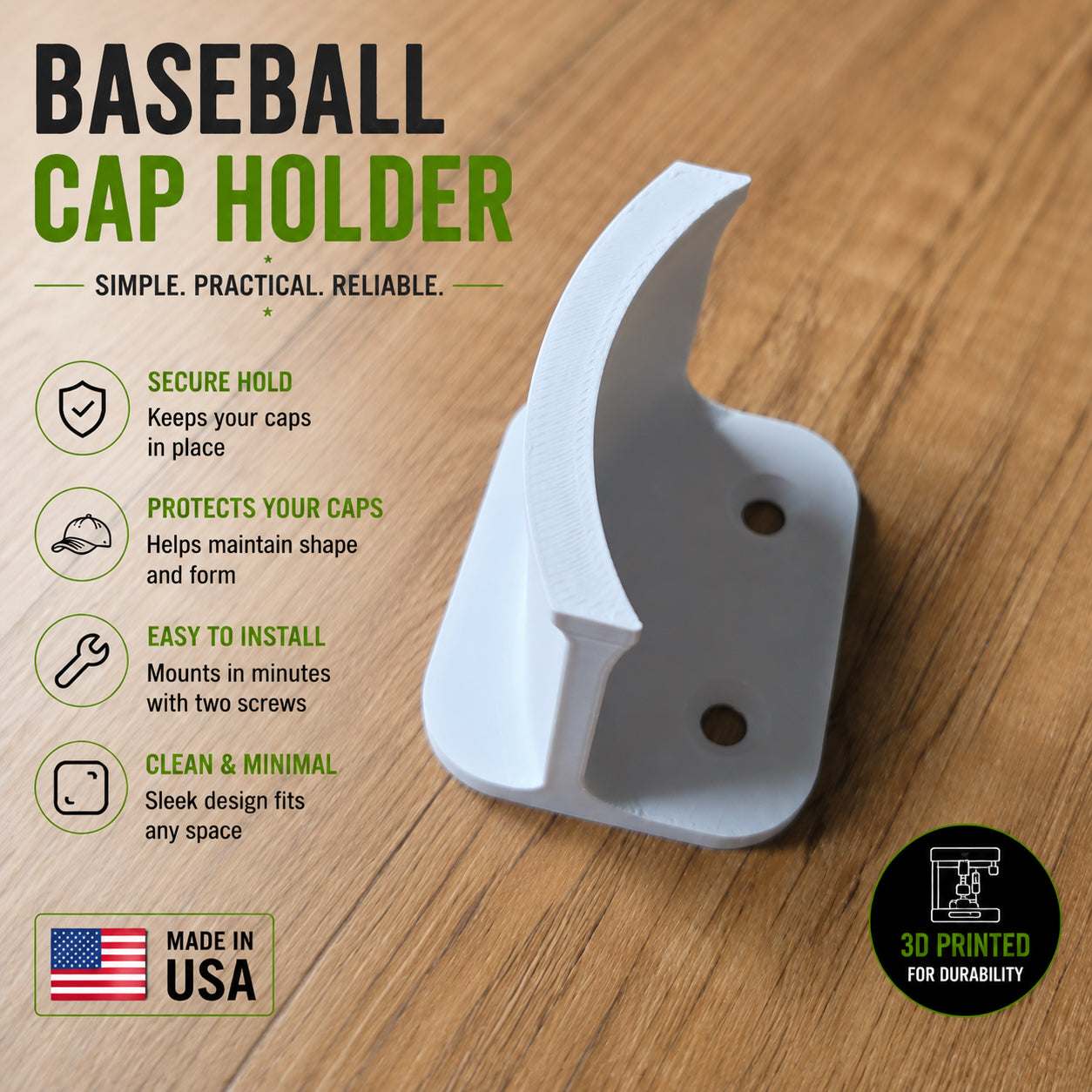 Baseball Cap Wall Mount – Minimalist Hat Organizer | 3D Printed Cap Holder