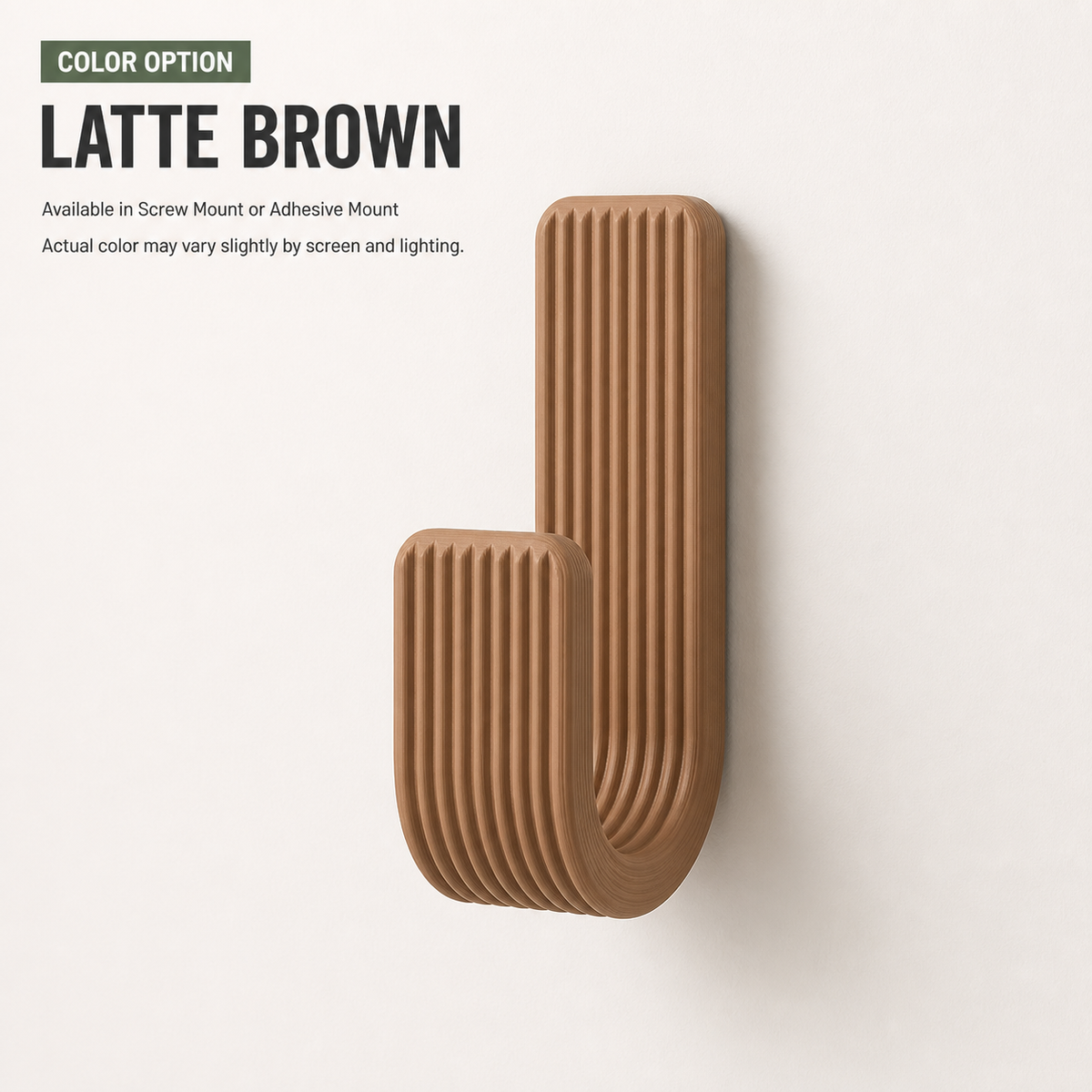 Wall Hook, Coat Hanger, Towel Rack - Modern Ribbed 3D Printed Hook | Adhesive or Screw Mount