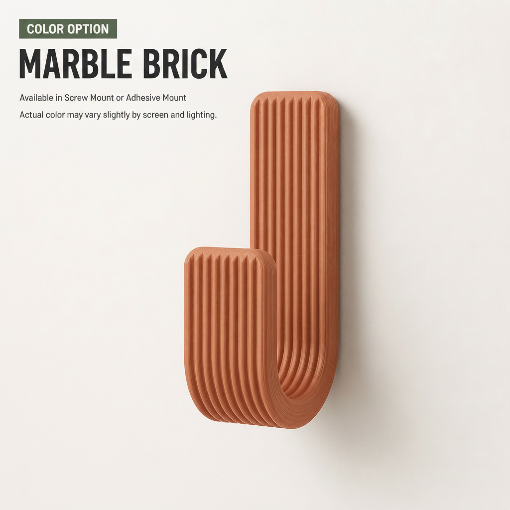 Wall Hook, Coat Hanger, Towel Rack - Modern Ribbed 3D Printed Hook | Adhesive or Screw Mount