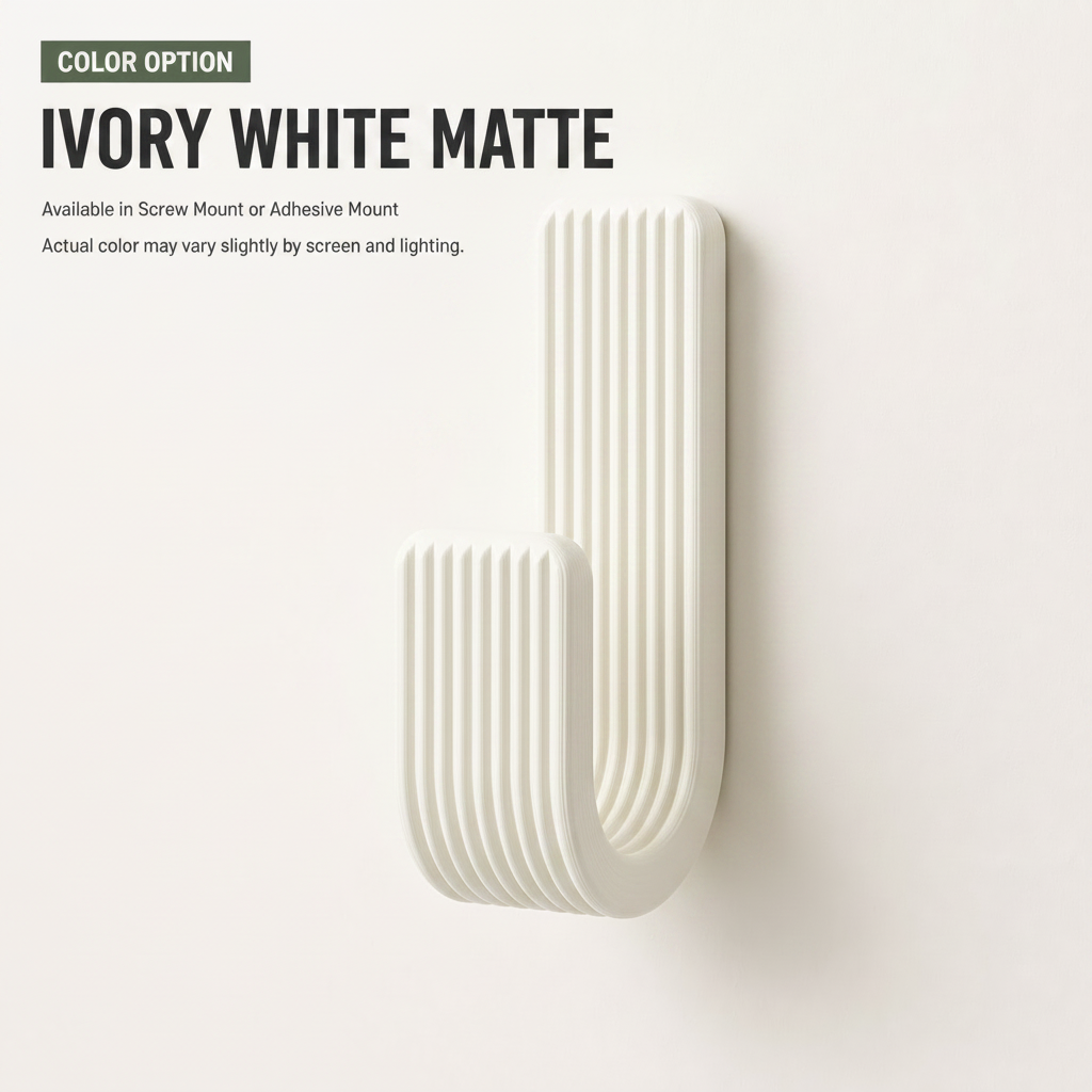 Wall Hook, Coat Hanger, Towel Rack - Modern Ribbed 3D Printed Hook | Adhesive or Screw Mount