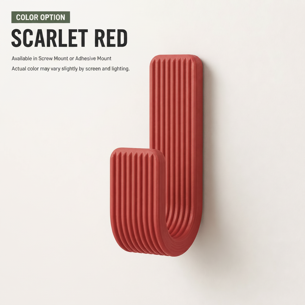 Wall Hook, Coat Hanger, Towel Rack - Modern Ribbed 3D Printed Hook | Adhesive or Screw Mount
