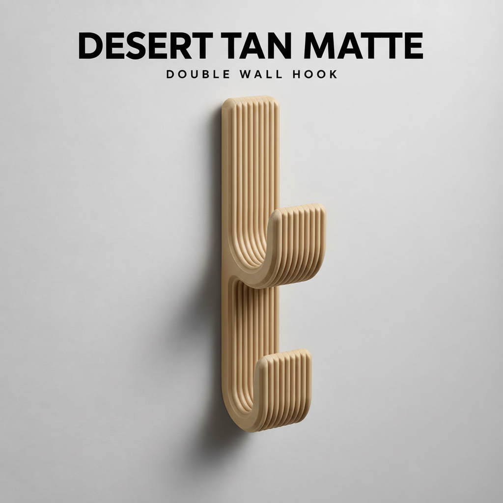 Double Wall Hook, Coat Hanger, Towel Rack - Modern Ribbed 3D Printed Hook | Adhesive or Screw Mount