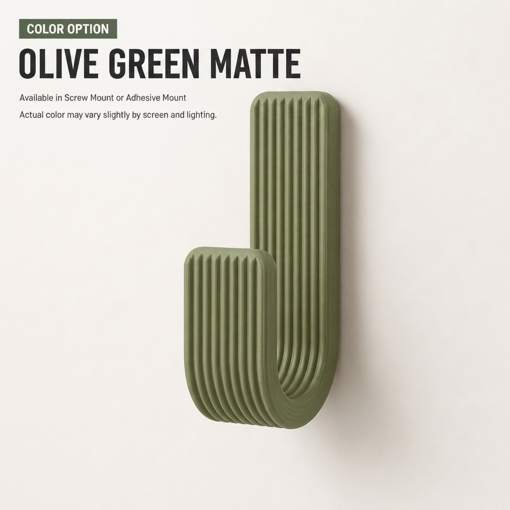 Wall Hook, Coat Hanger, Towel Rack - Modern Ribbed 3D Printed Hook | Adhesive or Screw Mount