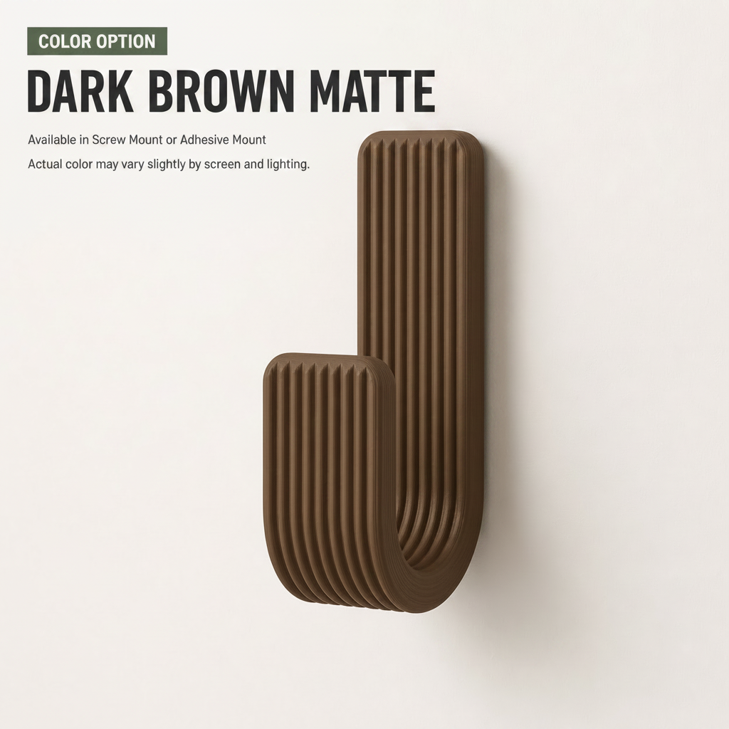 Wall Hook, Coat Hanger, Towel Rack - Modern Ribbed 3D Printed Hook | Adhesive or Screw Mount