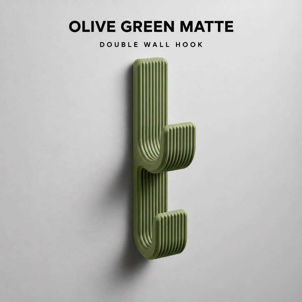 Double Wall Hook, Coat Hanger, Towel Rack - Modern Ribbed 3D Printed Hook | Adhesive or Screw Mount