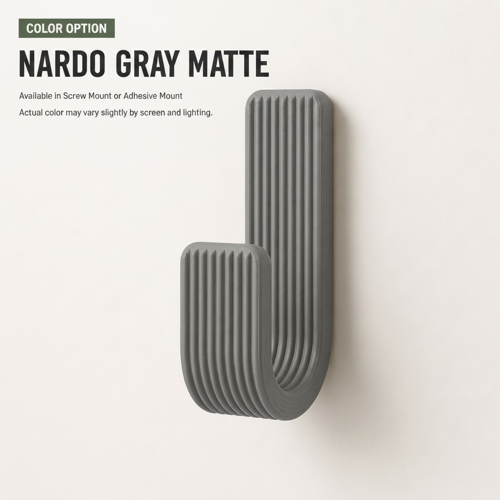 Wall Hook, Coat Hanger, Towel Rack - Modern Ribbed 3D Printed Hook | Adhesive or Screw Mount