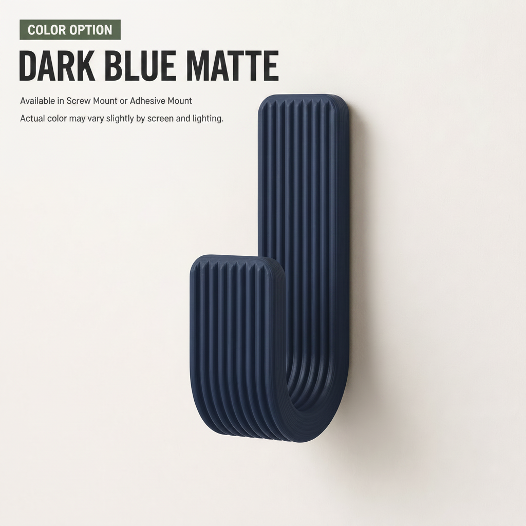 Wall Hook, Coat Hanger, Towel Rack - Modern Ribbed 3D Printed Hook | Adhesive or Screw Mount