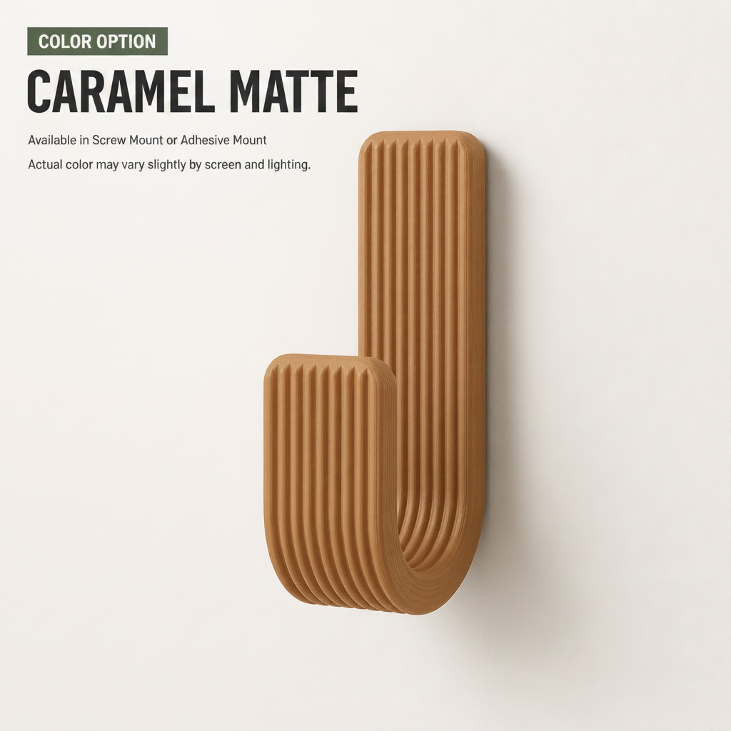 Wall Hook, Coat Hanger, Towel Rack - Modern Ribbed 3D Printed Hook | Adhesive or Screw Mount