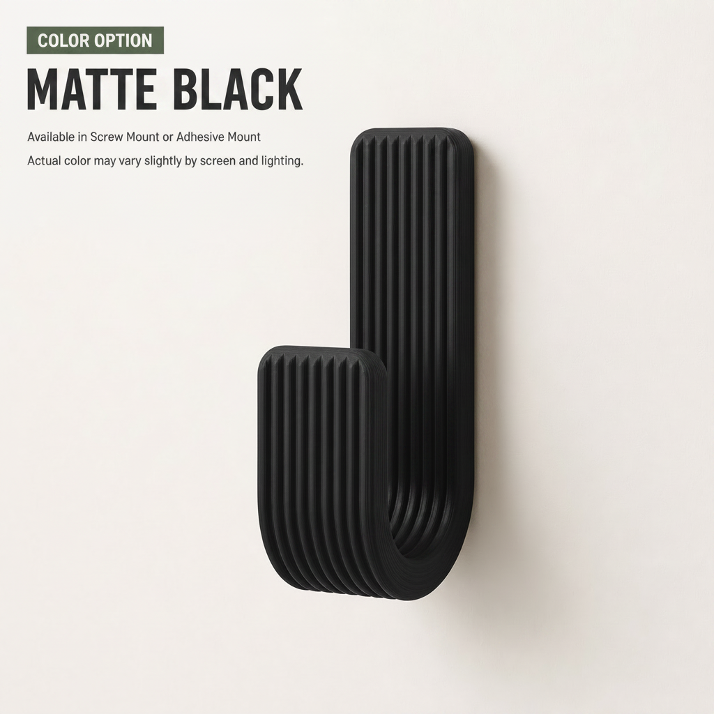 Wall Hook, Coat Hanger, Towel Rack - Modern Ribbed 3D Printed Hook | Adhesive or Screw Mount