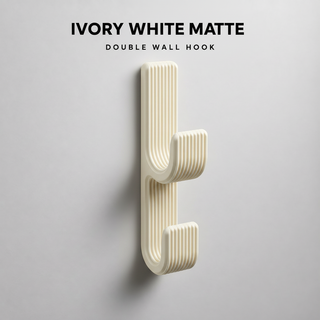 Double Wall Hook, Coat Hanger, Towel Rack - Modern Ribbed 3D Printed Hook | Adhesive or Screw Mount