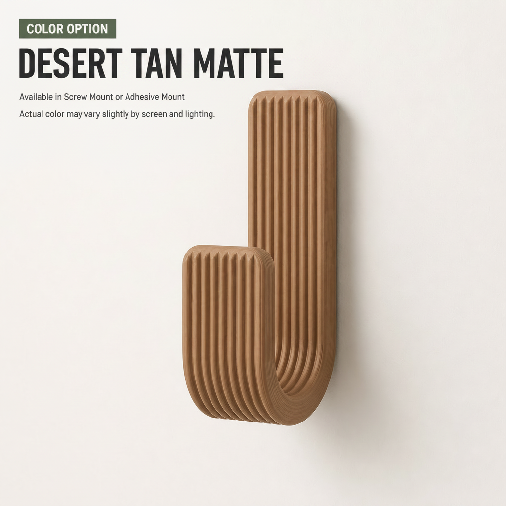 Wall Hook, Coat Hanger, Towel Rack - Modern Ribbed 3D Printed Hook | Adhesive or Screw Mount