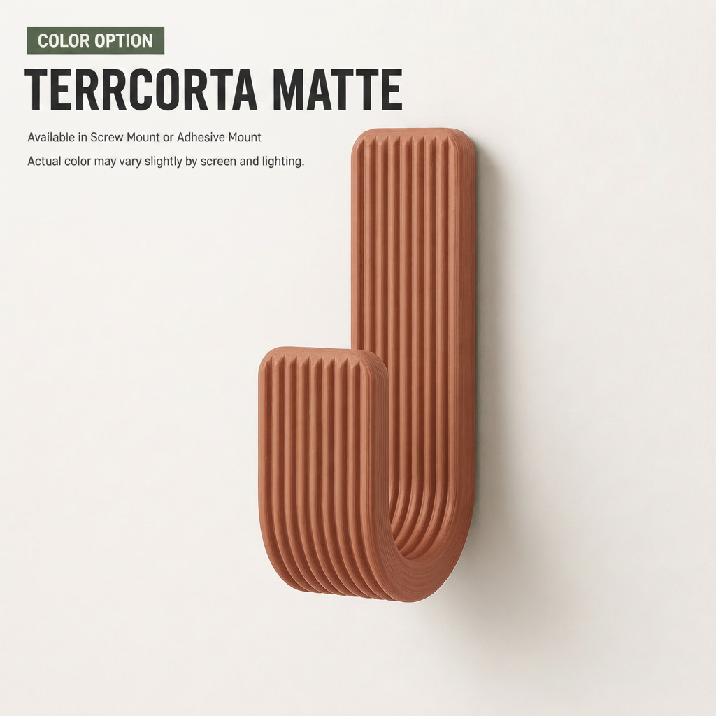 Wall Hook, Coat Hanger, Towel Rack - Modern Ribbed 3D Printed Hook | Adhesive or Screw Mount