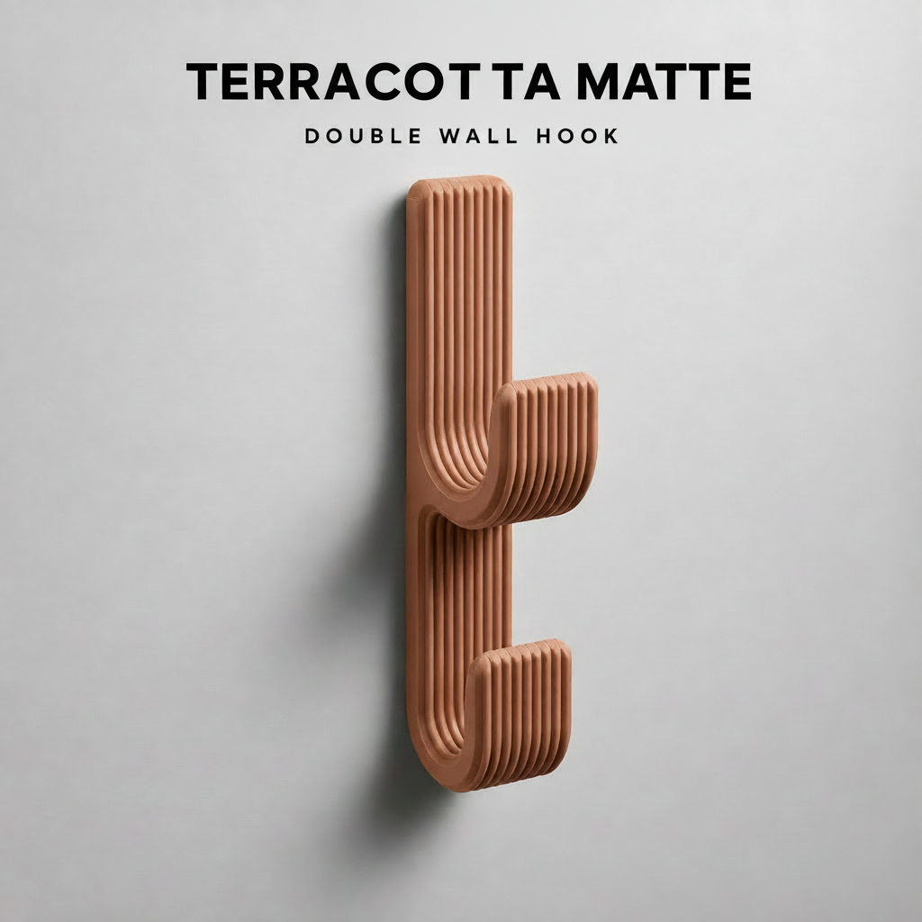 Double Wall Hook, Coat Hanger, Towel Rack - Modern Ribbed 3D Printed Hook | Adhesive or Screw Mount