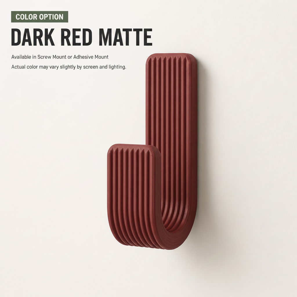 Wall Hook, Coat Hanger, Towel Rack - Modern Ribbed 3D Printed Hook | Adhesive or Screw Mount