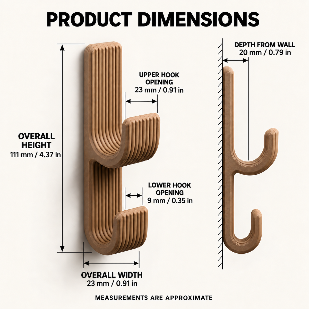 Double Wall Hook, Coat Hanger, Towel Rack - Modern Ribbed 3D Printed Hook | Adhesive or Screw Mount